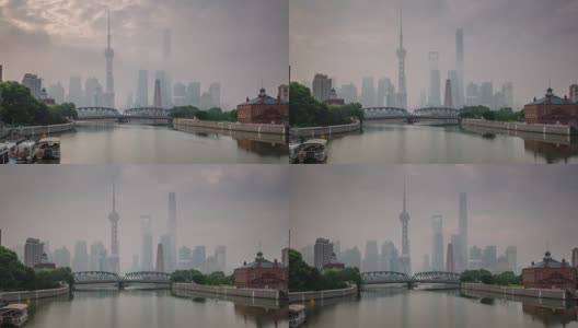中国上海城市晨雾著名的江湾大桥全景，4k时间的推移高清在线视频素材下载