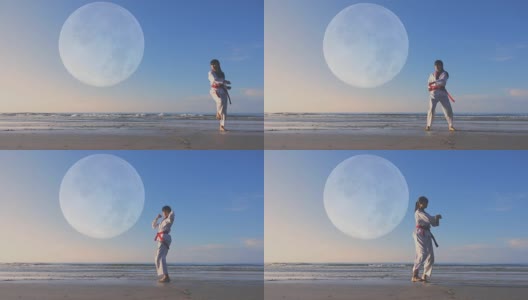 4k:年轻女子在户外沙滩上练习武术，满月的背景高清在线视频素材下载