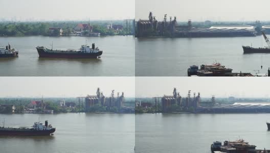 泰国的老工业船在早晨的船河上游弋。鸟瞰图高清在线视频素材下载