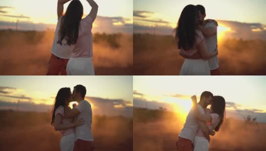 日落时分，一对情侣在乡间小路上跳舞高清在线视频素材下载