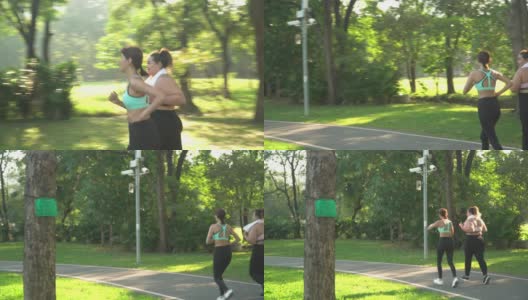 以下是平移视图:女性身材高大的运动员和朋友在公园里慢跑高清在线视频素材下载