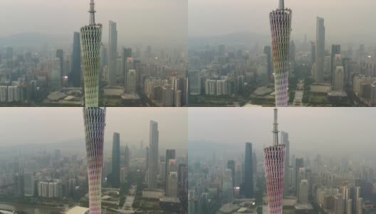 日落时分照明广州市市中心著名的塔顶航拍全景4k中国高清在线视频素材下载