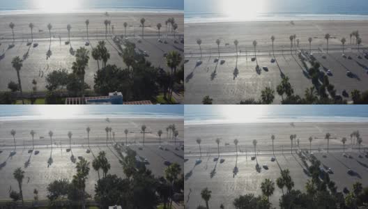 圣塔莫尼卡海滩和停车场加州无人机鸟瞰图高清在线视频素材下载