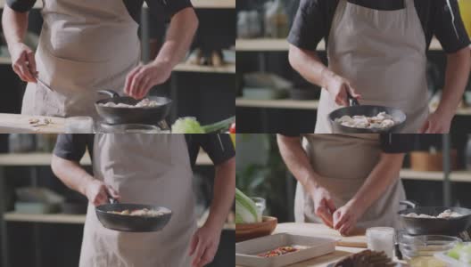 男人在煎锅里翻炒蔬菜和蘑菇高清在线视频素材下载