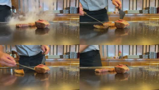 在铁板上烤的美味牛排高清在线视频素材下载