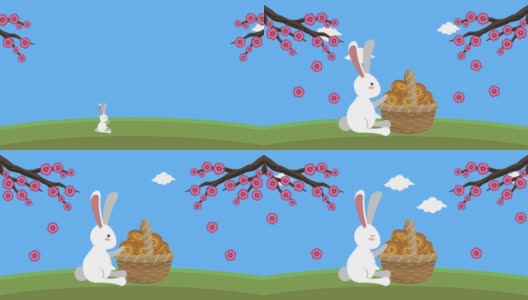 快乐的中秋节动画与兔子和篮子高清在线视频素材下载