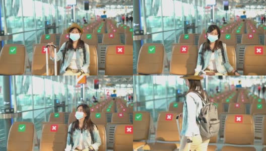 一位亚洲游客在机场候机楼散步高清在线视频素材下载