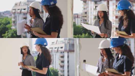 女建筑师视察建筑工地高清在线视频素材下载