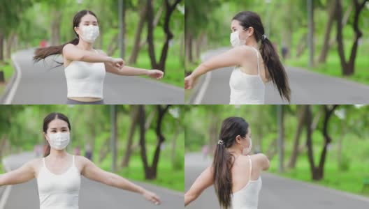 covid-19大流行期间，亚洲跑步者在公园慢跑。在冠状病毒时期锻炼。健康女性户外慢跑，健康生活理念。她脸上戴着防毒面具。高清在线视频素材下载