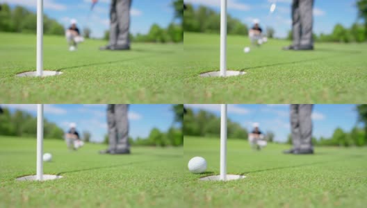 4K老年高尔夫球手在球道上将高尔夫球穿过洞高清在线视频素材下载