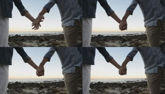在海滩上牵着手的多民族浪漫情侣高清在线视频素材下载
