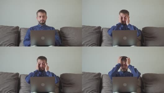 一个男人正在笔记本电脑上工作。压力、头痛、绝望高清在线视频素材下载