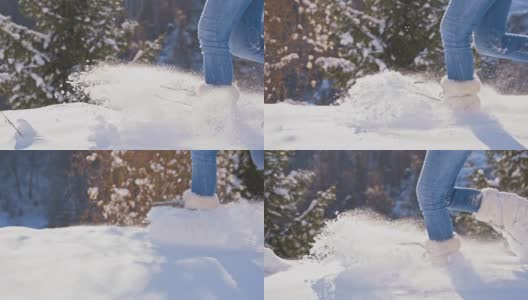 慢动作在新落的雪中奔跑高清在线视频素材下载