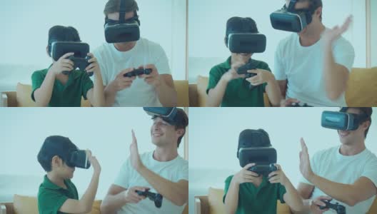 在虚拟现实头盔中玩视频游戏拳击，在家进行虚拟现实踢球训练。高清在线视频素材下载