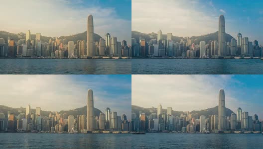 延时拍摄香港维多利亚港上午的景色，背景是船只和摩天大楼高清在线视频素材下载