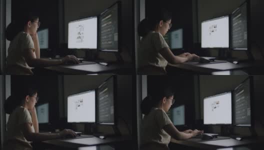 坦率的亚洲女性工作到深夜，在家庭办公室的电脑上压力一个问题。高清在线视频素材下载