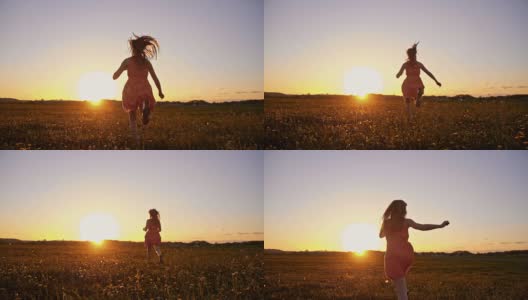 日落时分，快乐的女孩在草地上奔跑高清在线视频素材下载