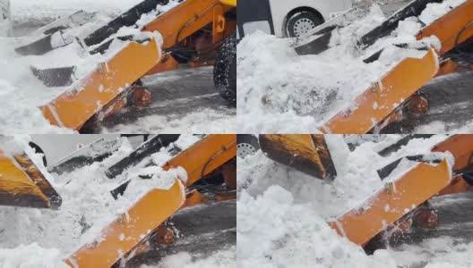 挖掘机，一辆汽车在清理城市街道上的积雪高清在线视频素材下载