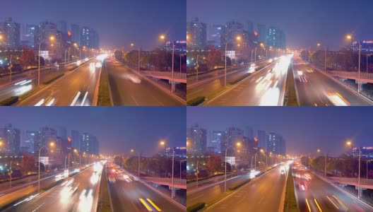 traffic on city road and modern building at night in beijing 4k高清在线视频素材下载