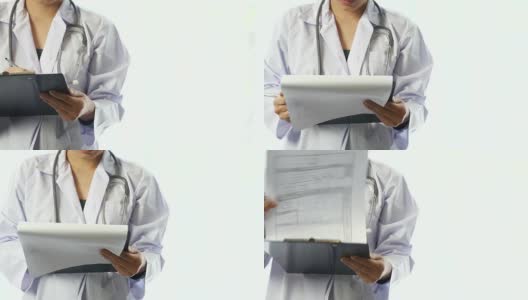 医生在白板上写处方，听诊器在白色背景上高清在线视频素材下载