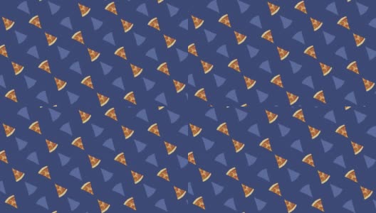 披萨的彩色图案孤立在蓝色背景上。披萨切片的无缝图案。前视图。现实的动画。4 k视频运动高清在线视频素材下载