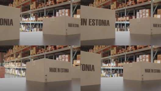 在传送带上有爱沙尼亚制造文本的盒子。爱沙尼亚商品相关的可循环3D动画高清在线视频素材下载