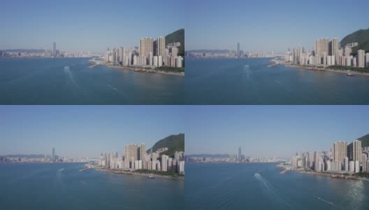 香港城市风景的美丽航拍镜头。日落时分的维多利亚港西侧高清在线视频素材下载