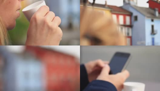 一个女人在咖啡馆用手机享受咖啡休息时间高清在线视频素材下载