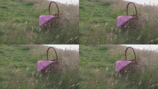 复古野餐篮和红色格子布毯子拍摄在农村的田野高清在线视频素材下载