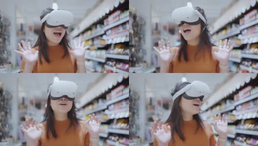 激动人心的亚洲女性穿着vr耳机使用VR-headset眼镜走过metaverse得到体验的虚拟百货商场,亚洲女性享受虚拟现实眼镜虚拟购物高清在线视频素材下载