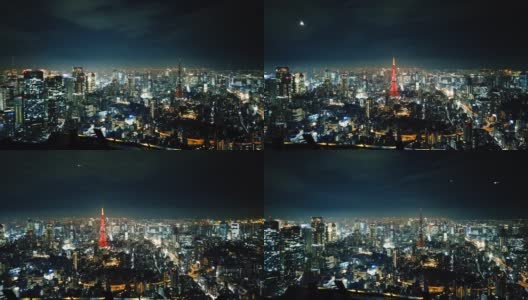 延时摄影俯瞰东京的夜景，东京塔从熄灭到亮红色的过程高清在线视频素材下载