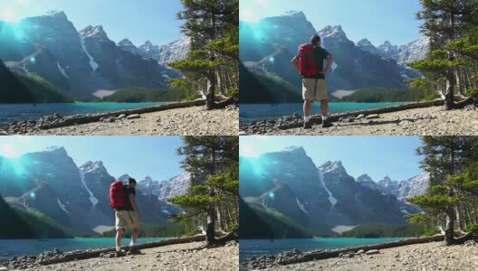 徒步旅行者向山上的湖泊走去高清在线视频素材下载