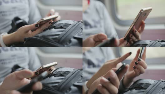 在火车上使用智能手机拍摄特写高清在线视频素材下载