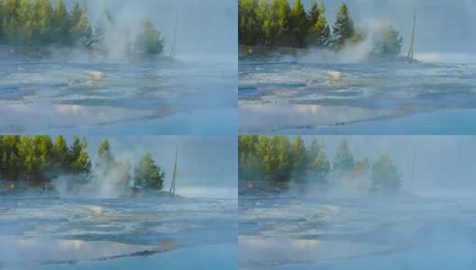 黄石国家公园，蒙大拿州，2021年7月。从空中拍摄到被绿色森林、枯死的光秃秃的树木和上升的蒸汽包围的热力湖。高清在线视频素材下载