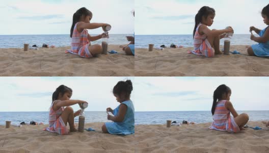 亚洲女孩在沙滩上玩，摄影。高清在线视频素材下载