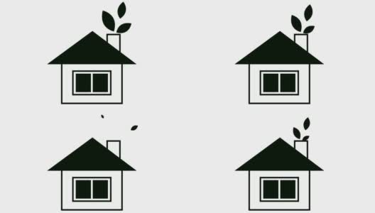 平生态图标。黑房子，烟囱里的叶子。可再生能源概念、绿色技术、生态、绿色能源。矢量插图孤立在白色背景上。高清在线视频素材下载
