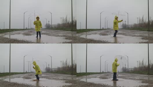 一个小男孩在雨中高清在线视频素材下载