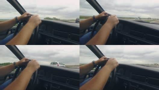 一个男人开着老爷车在高速公路上高清在线视频素材下载