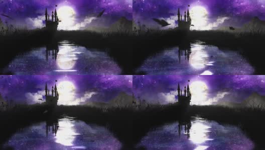 魔法之夜与城堡在池塘上空高清在线视频素材下载