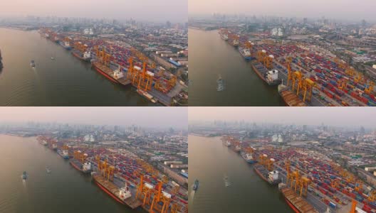 Aerial view of container ships and lifting cranes in the Port of Bangkok.高清在线视频素材下载
