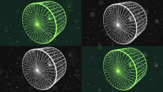 摘要发光绿色粒子形成三维物体。气缸。Vj循环作为虚拟数字空间的bg。粒子形成全息影像的形状，作为大数据、网络或vr空间的概念。科幻运动设计bg。高清在线视频素材下载