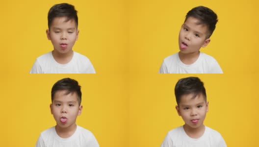 一个日本小男孩在黄色背景下伸出舌头高清在线视频素材下载