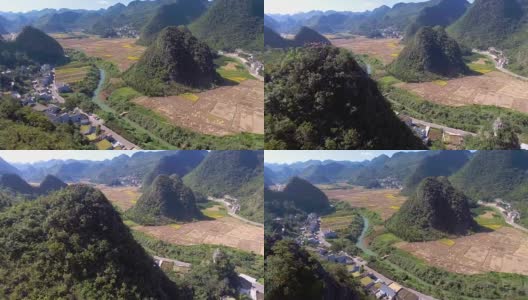 神奇的稻田和中国村庄在绿谷，云南，中国，航拍视频高清在线视频素材下载