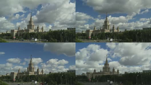 在莫斯科国立大学里，快速移动的汽车和戏剧性的云在4K晴朗的日子里成为莫斯科斯大林时代最著名的摩天大楼;专业的4K视频高清在线视频素材下载