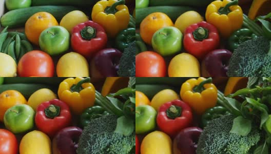 近距离水果，蔬菜和香草。跟踪拍摄与右平移。全高清1080 p高清在线视频素材下载