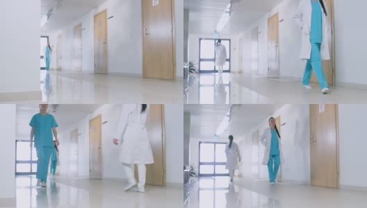 由三名护士和医生组成的团队走过医院走廊。专业人士拯救生命。高清在线视频素材下载