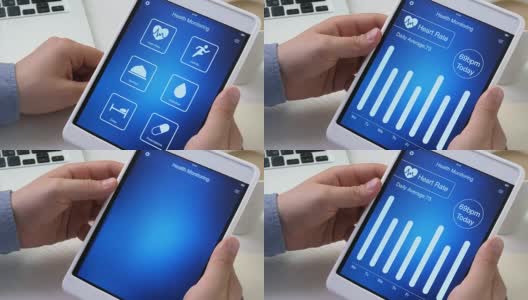 在数字平板电脑上的健康应用程序上检查心率监测高清在线视频素材下载