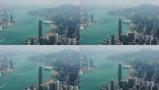 白天飞越香港市区，维多利亚港市区交通全景图，4k高清在线视频素材下载