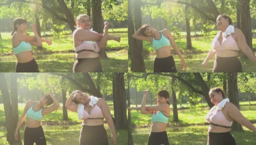 以下正面图:女性身材高大的运动员和朋友在公园里伸展她的手臂高清在线视频素材下载