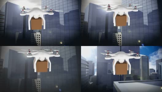 一架无人机与包裹飞行在城市景观视图的动画高清在线视频素材下载